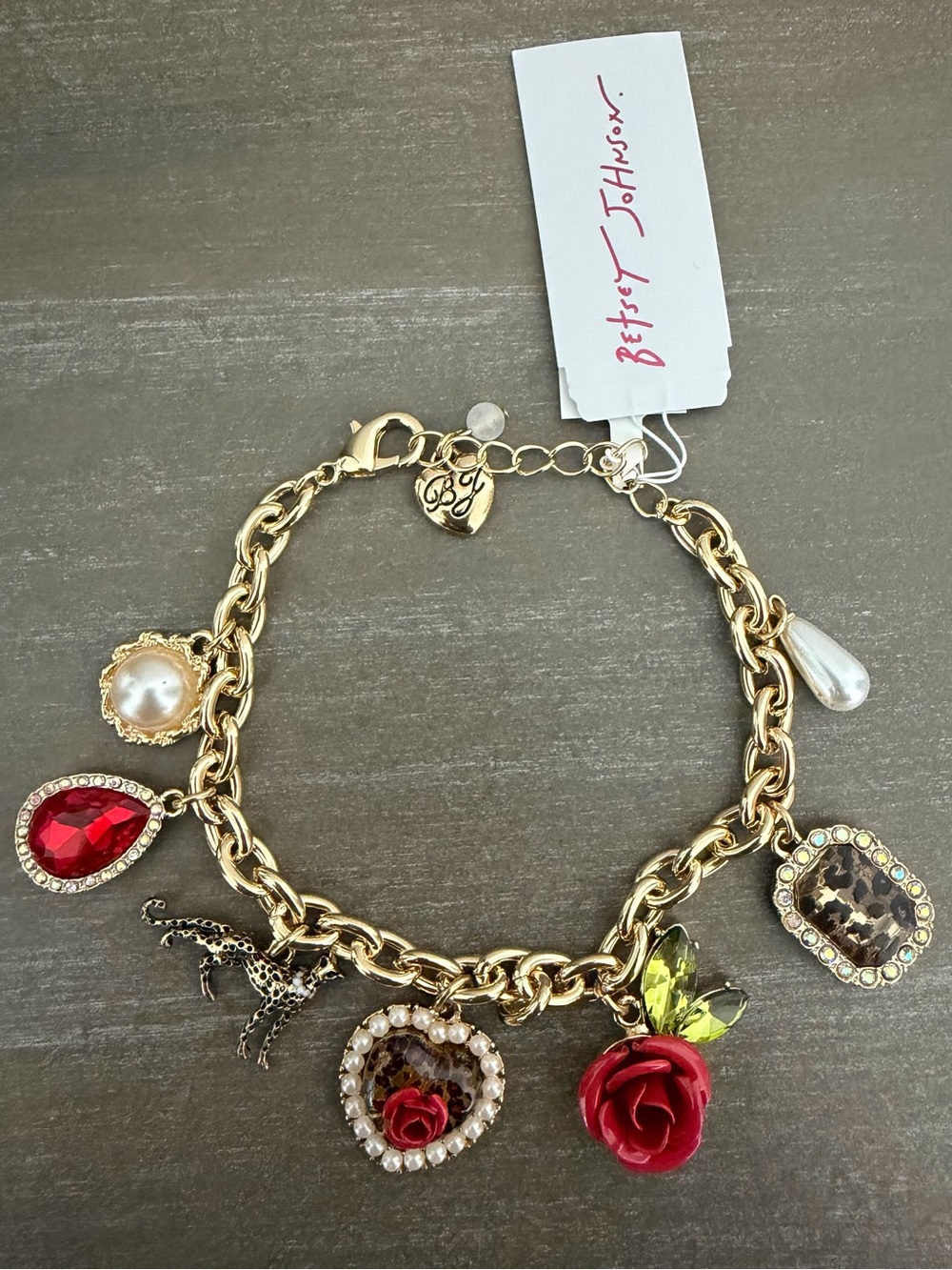 NWT Betsey Johnson Leopard & Rose Charm Gold Tone Bracelet - Picture 5 of 7